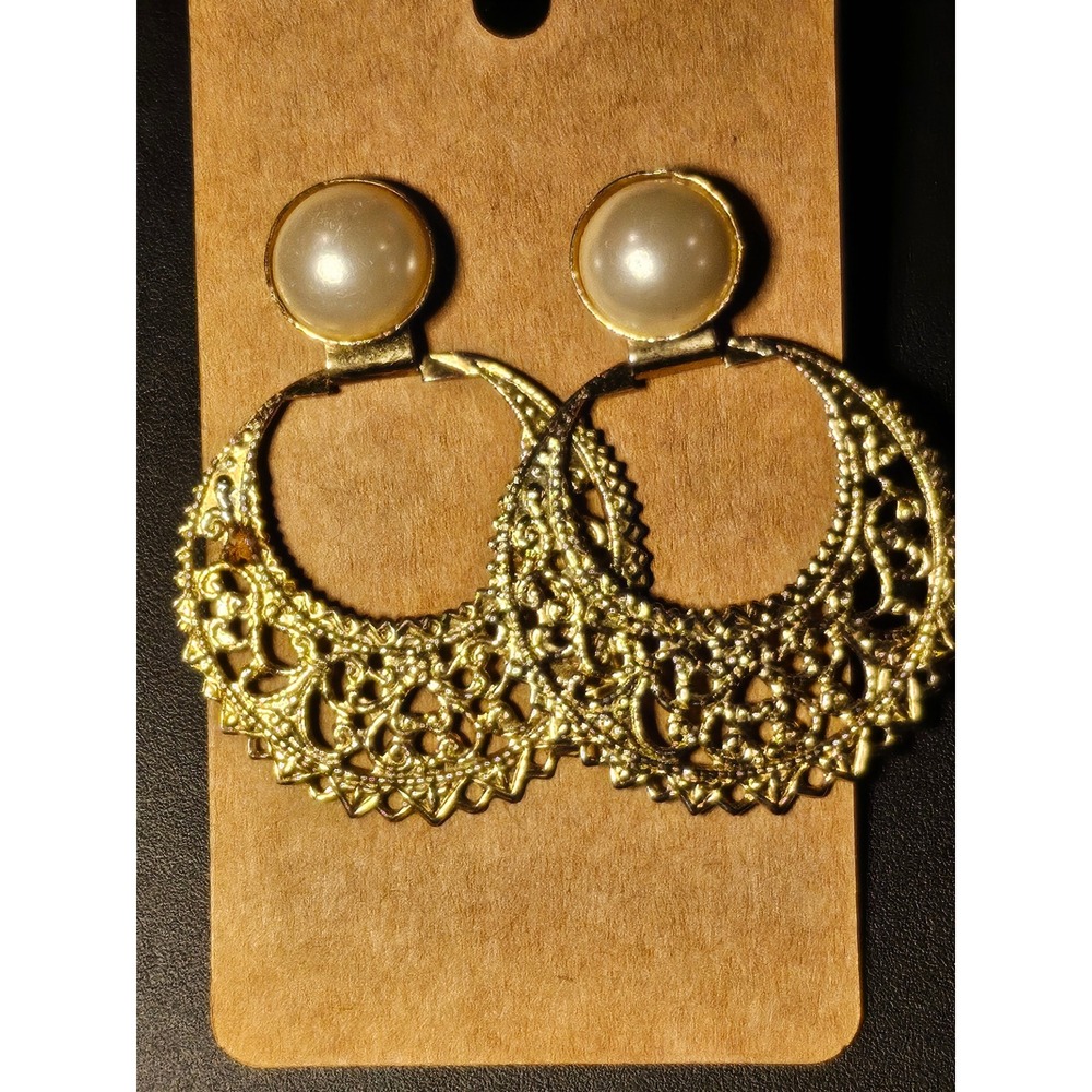 Gold Tone Filigree Crescent Hoop Earrings with Faux Pearl Studs Statement Boho